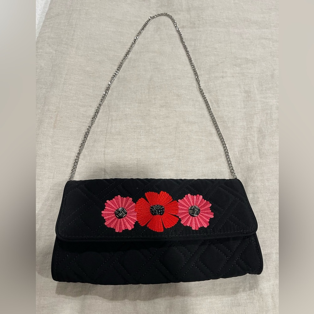 Vera Bradley Black Quilted, Embroidered & Beaded Flower Crossbody or Clutch Bag